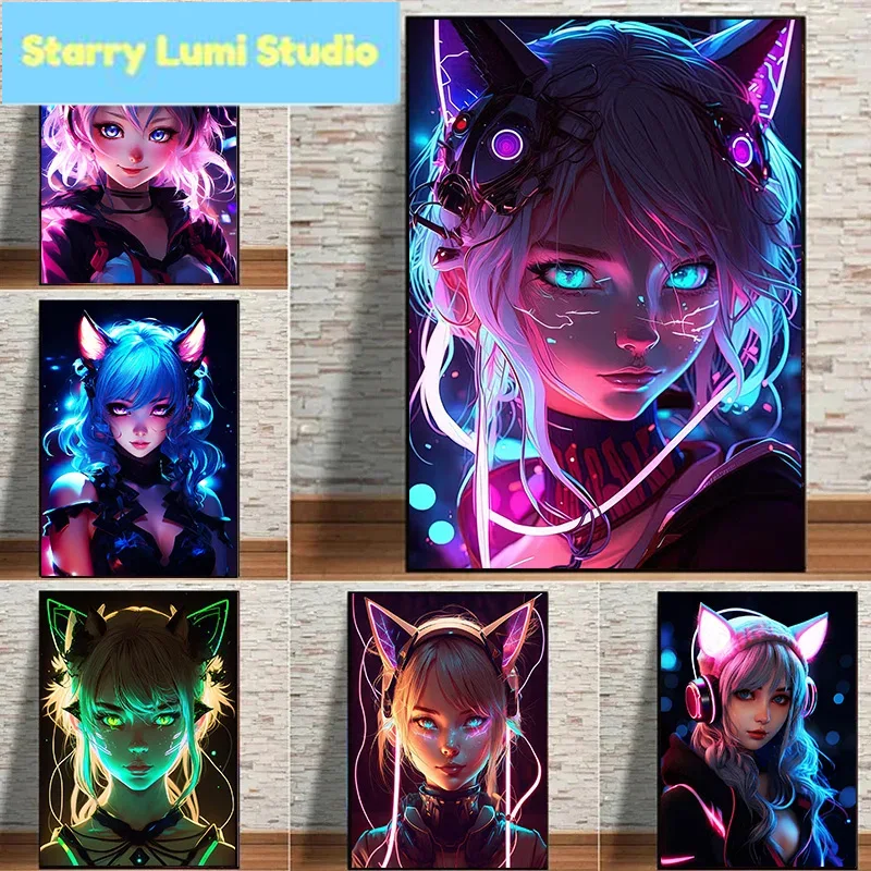 Resin Art Anime - Neon Anime Cat Girl Posters And